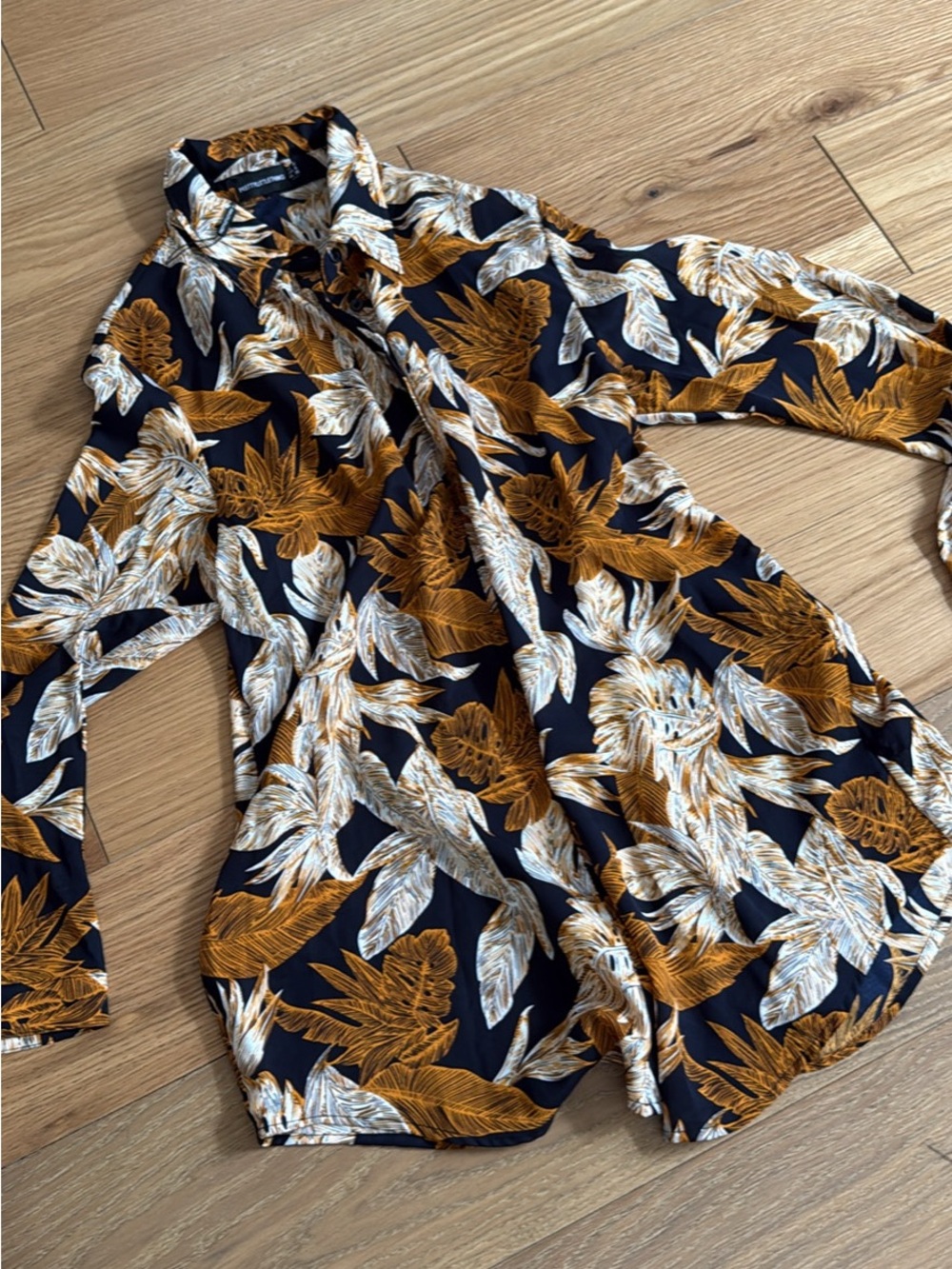 Resort Wear Set Botanical Button-Up Shirt with Mustard & Cream Leaves